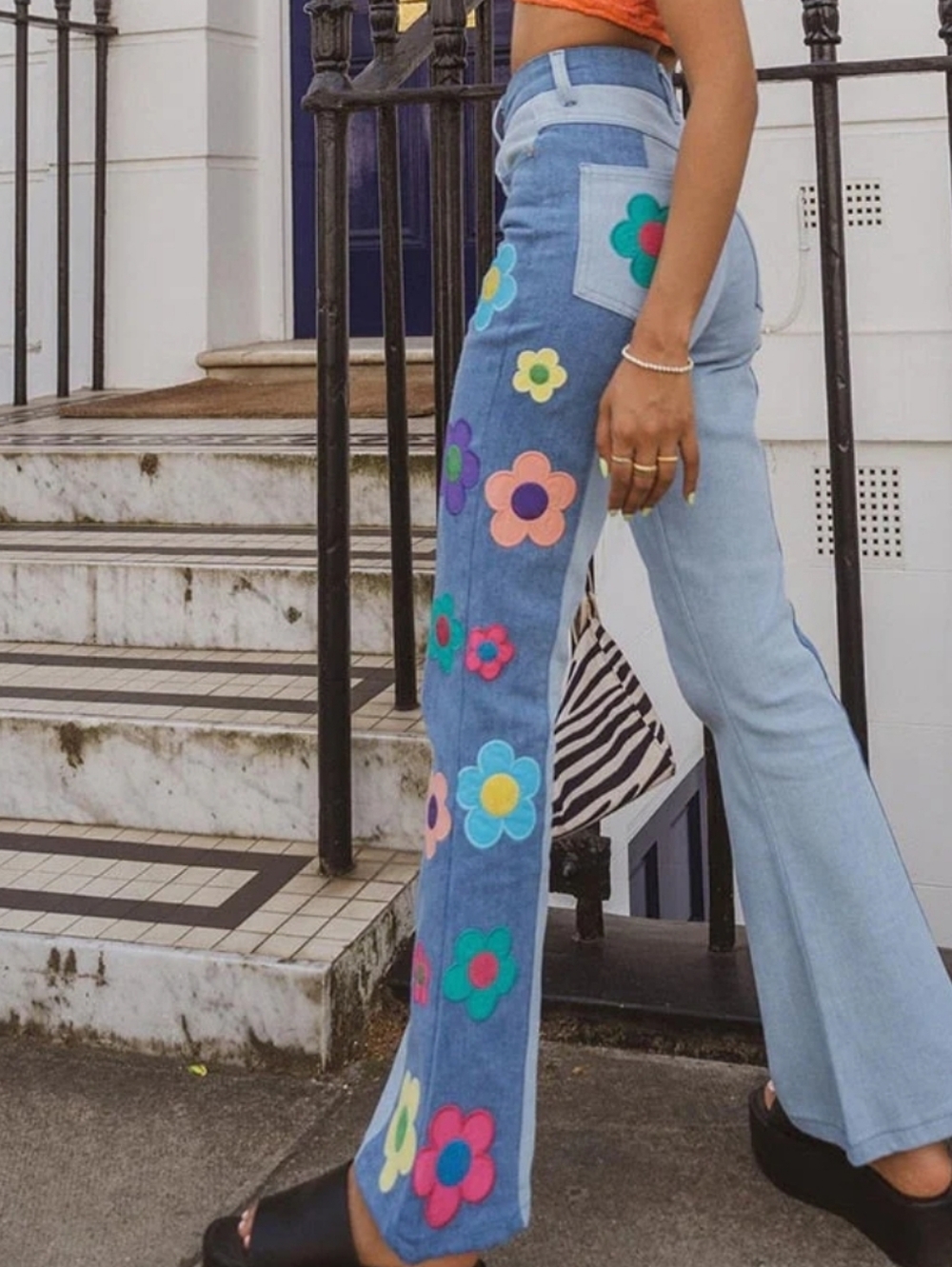 Light Blue Flare Jeans with Colorful Floral Side Panels. NWOT Size Small - Picture 7 of 12